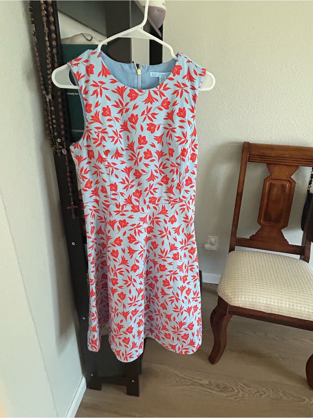Draper James Coral Floral Fit-and-Flare Dress on Light Blue